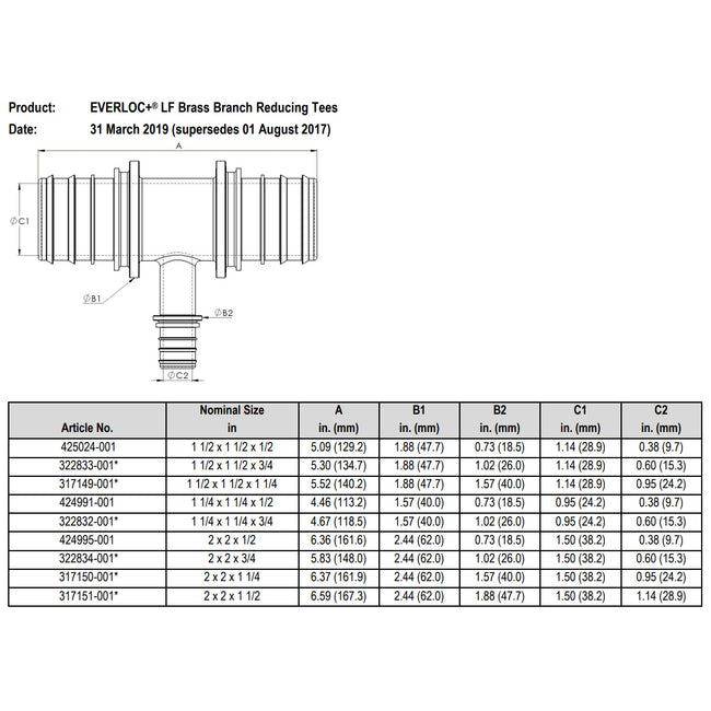 317150-001 - 2" x 2" x 1-1/4" EVERLOC+ LF Brass Tee