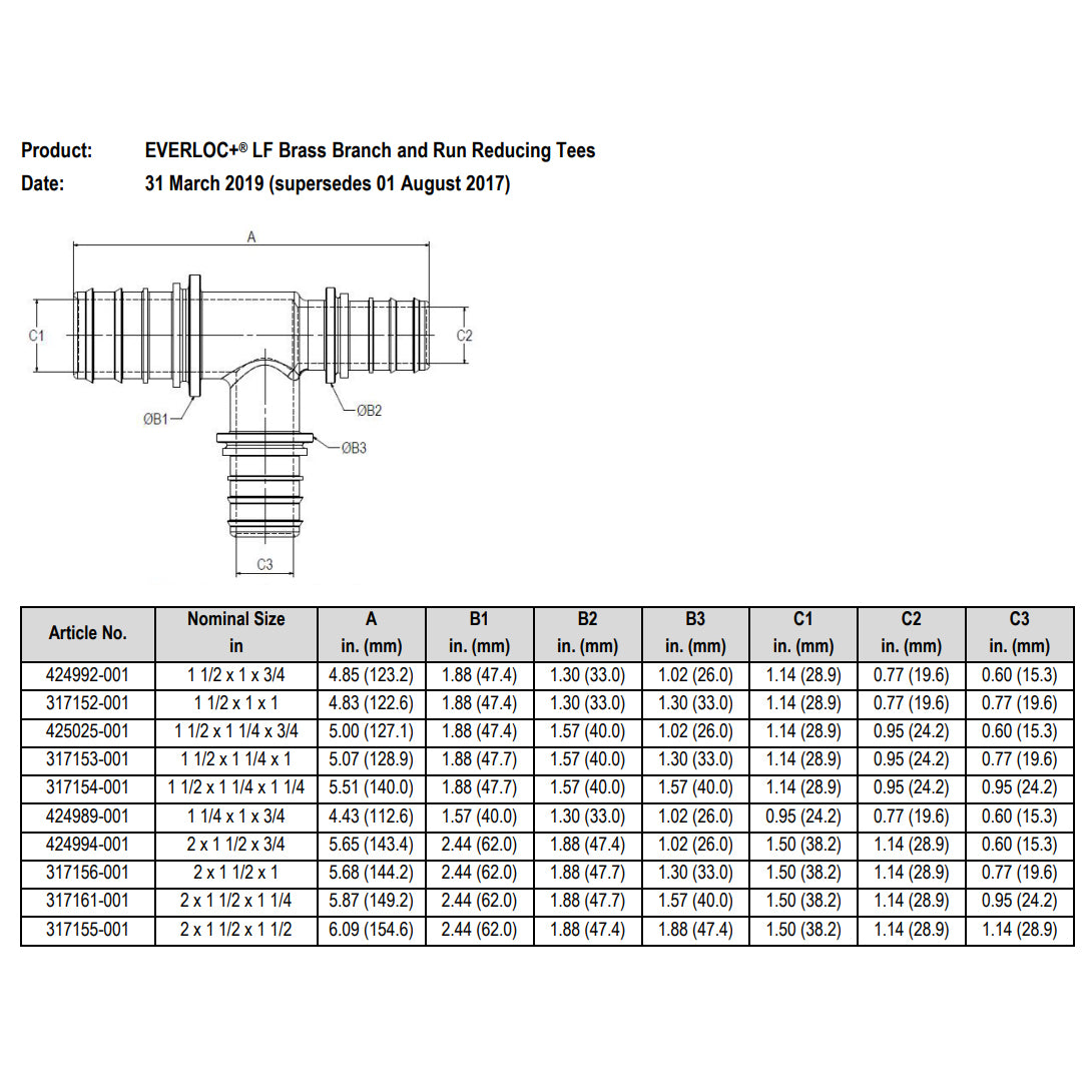 317156-001 - 2" x 1-1/2" x 1" EVERLOC+ LF Brass Tee