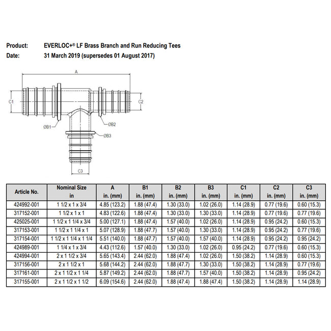 317156-001 - 2" x 1-1/2" x 1" EVERLOC+ LF Brass Tee