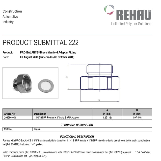 298986-001 - 1-1/4" BSPF x 1" BSPM Adapter