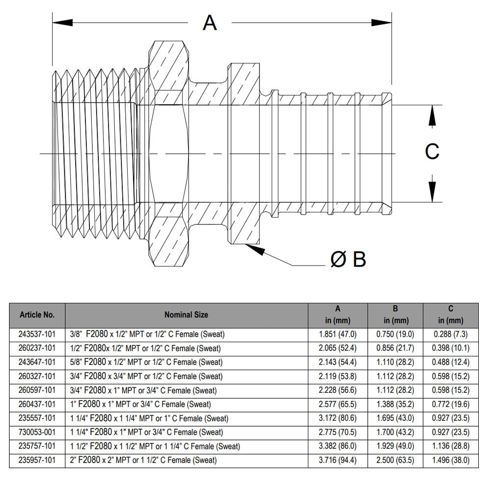 260437-101 - Brass 1" F2080 PEX x 1" MPT or 3/4" Sweat Copper Adapter