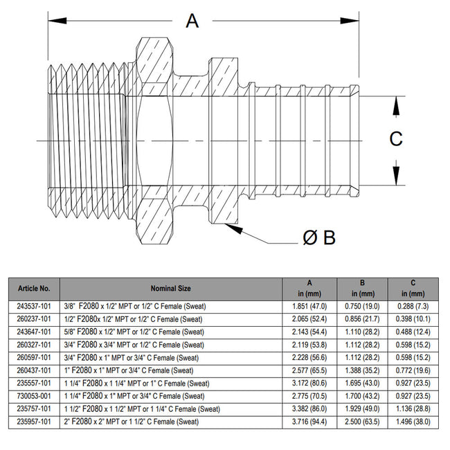 260437-101 - Brass 1" F2080 PEX x 1" MPT or 3/4" Sweat Copper Adapter