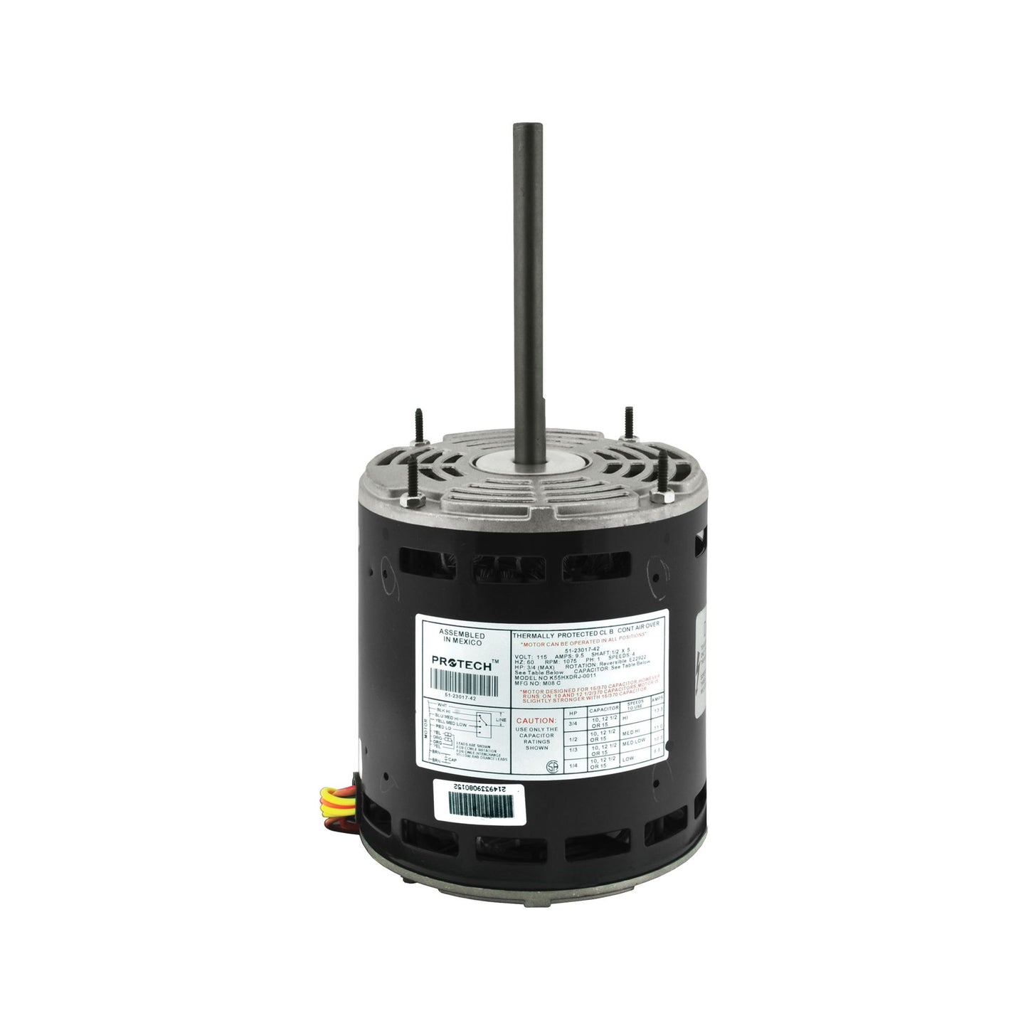 51-23017-42 - 1/4 to 3/4 HP PROTECH Blower Motor - 1 Phase - 4 Speed - 1075 RPM - 120V