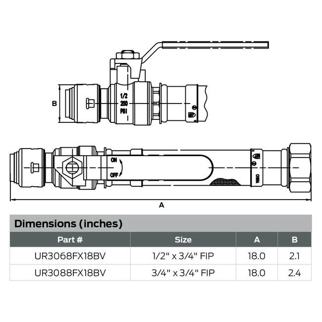 UR3088FX18BV - Stainless Steel Braided Water Heater Connector with Ball Valve - 3/4" PTC x FIP, 18"