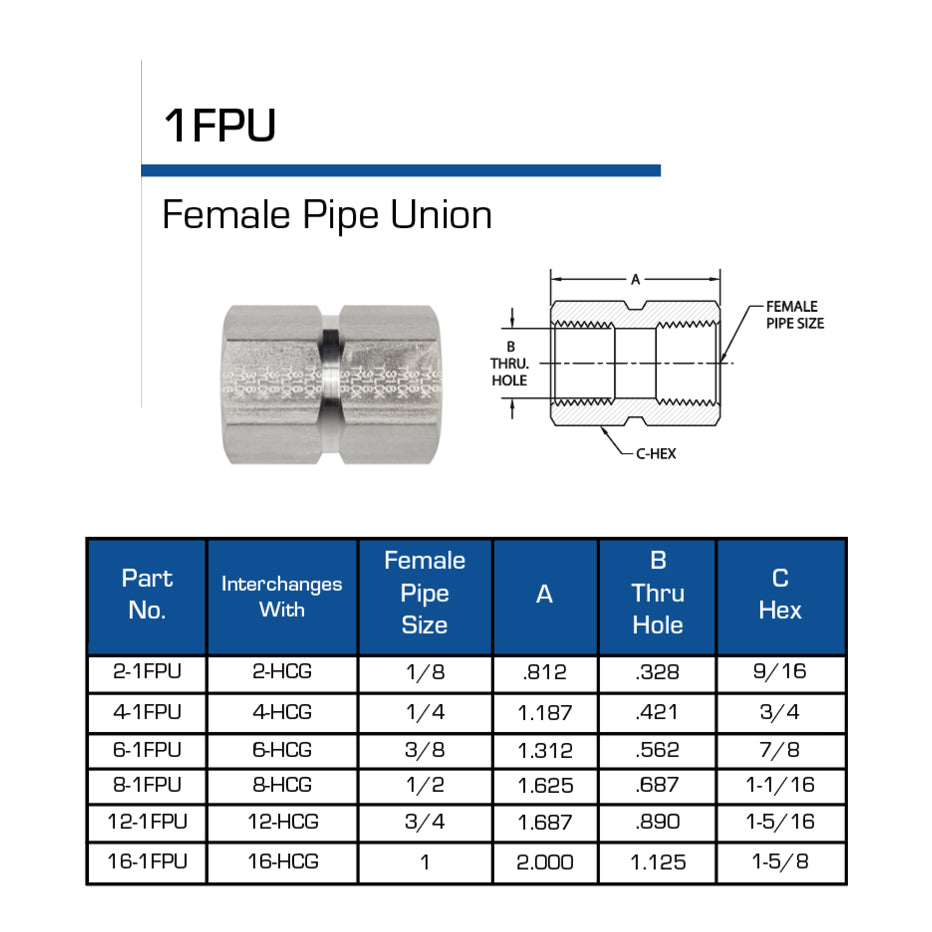 SS-4-1FPU - Stainless 1/4" FNPT x 1/4" FNPT Female Pipe Union