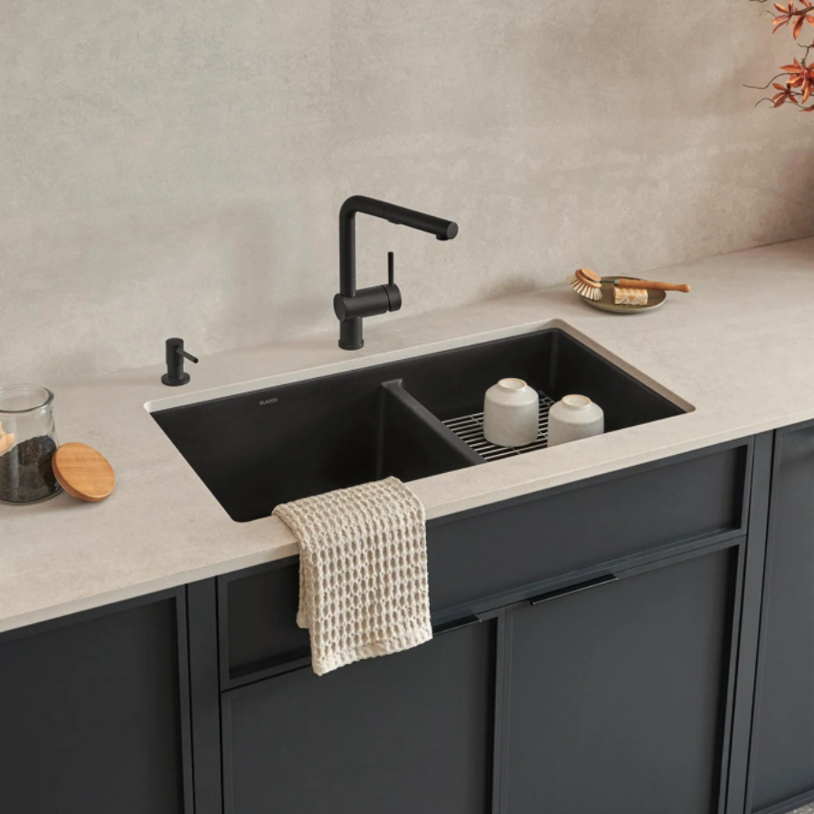 442926 - Precis SILGRANIT 33" 60/40 Double Bowl Undermount Kitchen Sink - Coal Black