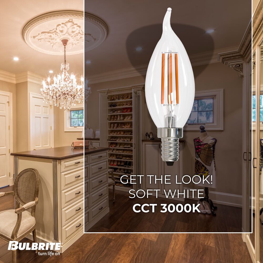 776740 - Filaments Dimmable CA10 Clear Candelabra Base LED Light Bulb - 6.5 Watt - 3000K - 4 Pack