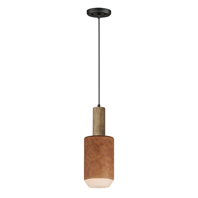 10092WWDTN - 1 Light Scout 6.75" Pendant - Weathered Wood / Tan Leather