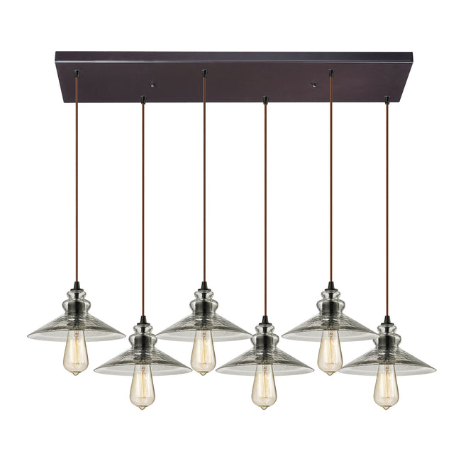 ELK Lighting 10332/6RC - Hammered Glass 9" Wide 6-Light Rectangular Pendant Fixture in Oiled Bronze with Hammered Clear Glass