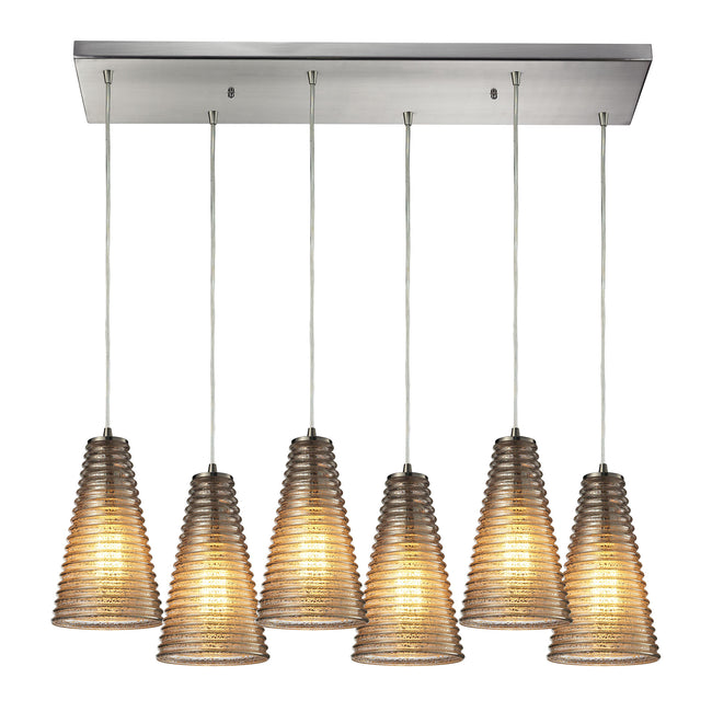 ELK Lighting 10333/6RC - Ribbed Glass 9" Wide 6-Light Rectangular Pendant Fixture in Satin Nickel with Amber Ribbed Glass
