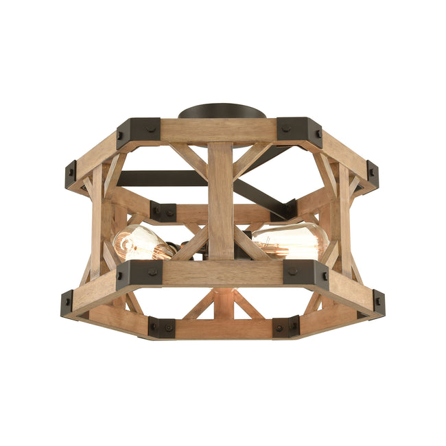 ELK Lighting 33321/3 - Structure 18" Wide 3-Light Semi Flush in Oil Rubbed Bronze and Natural Wood