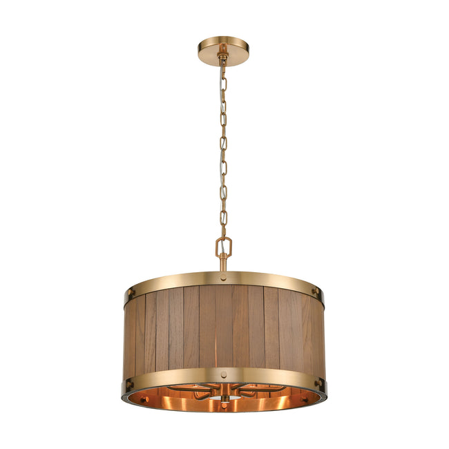 ELK Lighting 33374/6 - Wooden Barrel 19" Wide 6-Light Chandelier in Satin Brass with Slatted Wood Sh