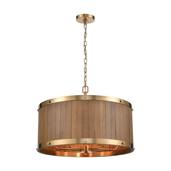 ELK Lighting 33376/6 - Wooden Barrel 25" Wide 6-Light Chandelier in Satin Brass with Slatted Wood Sh