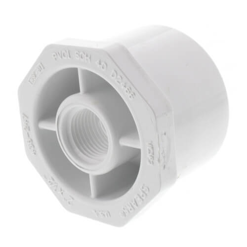 438-247 - PVC Pipe Fitting, Bushing, Schedule 40, White, 2" Spigot x 1/2" NPT Female
