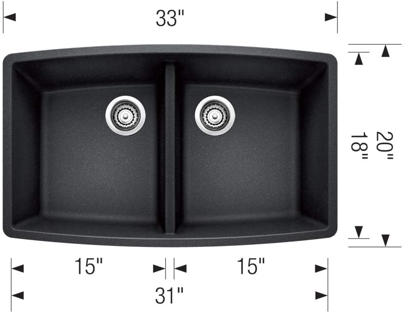 33" Performa Equal Double Bowl Undermount Kitchen Sink- Anthracite