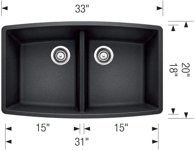 33" Performa Equal Double Bowl Undermount Kitchen Sink- Anthracite