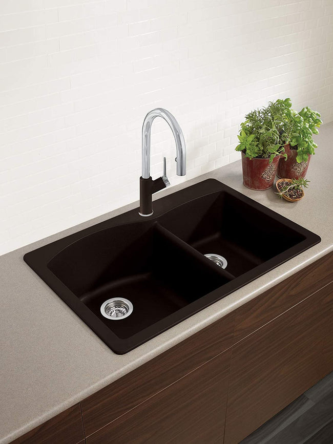 Diamond 1-3/4 Double Bowl Drop-In or Undermount Kitchen Sink, 33" X 22" - Cafe Brown