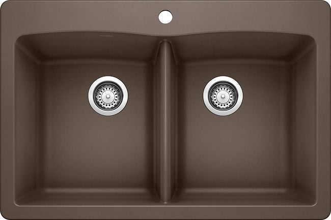 Diamond Equal Double Bowl Drop-In or Undermount Kitchen Sink, 33" X 22" - Cafe Brown
