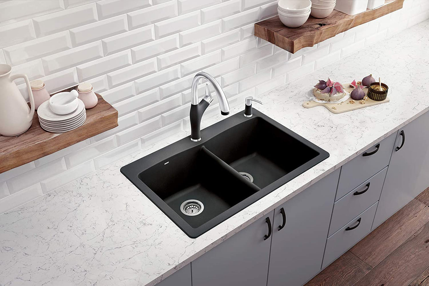 Diamond Equal Double Bowl Drop-In or Undermount Kitchen Sink, 33" X 22" - Anthracite