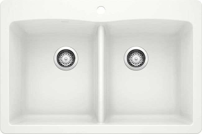 Diamond Equal Double Bowl Drop-In or Undermount Kitchen Sink, 33" X 22"  - White