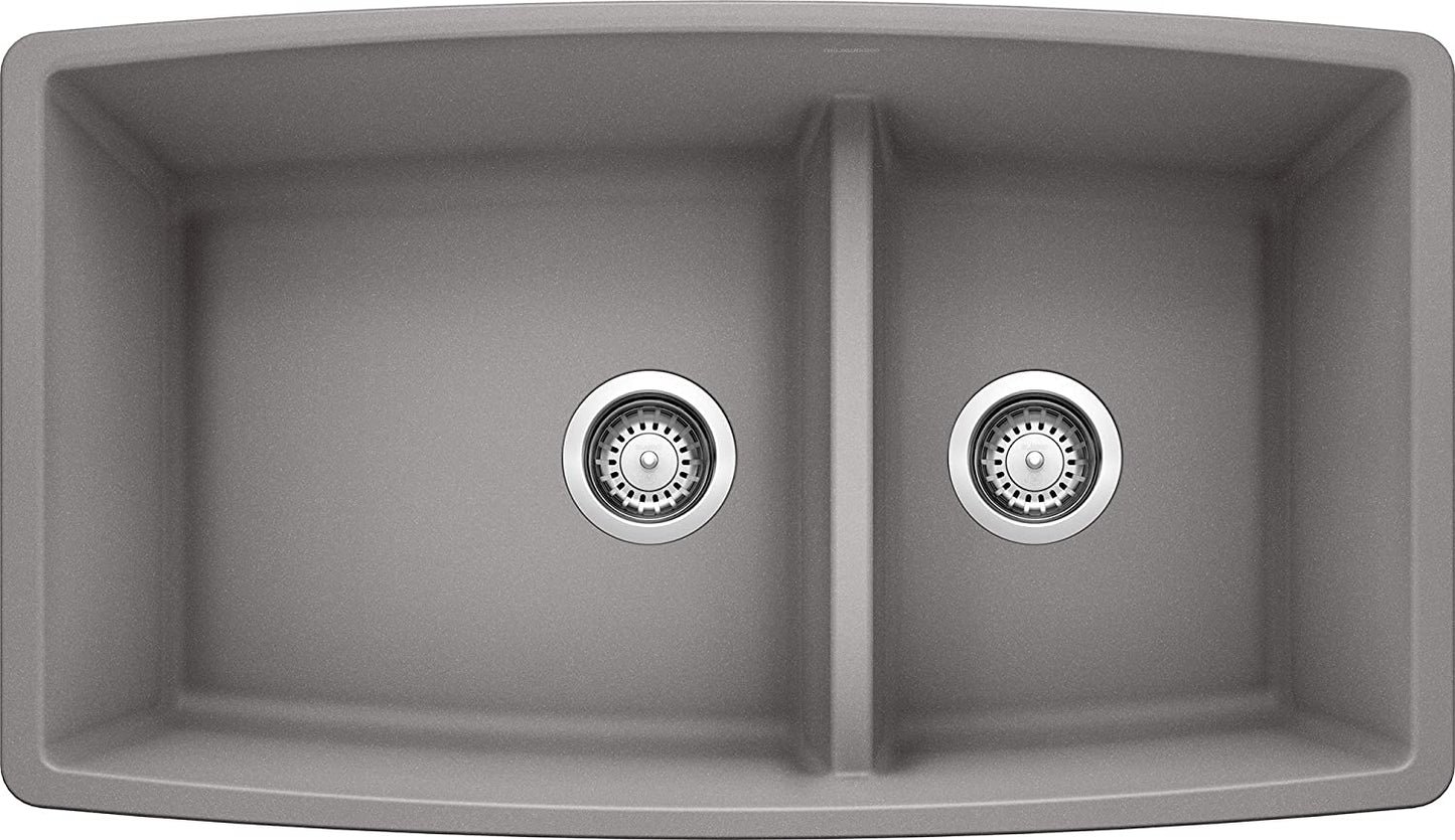 Performa Medium 1-3/4 Double Bowl Undermount Kitchen Sink with Low Divide- Metallic Gray