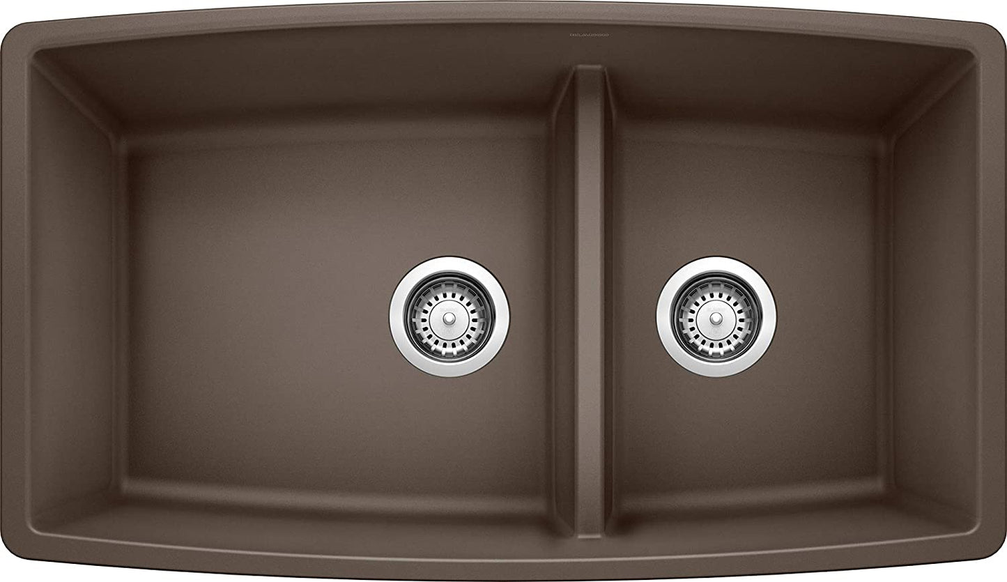 Performa Medium 1-3/4 Double Bowl Undermount Kitchen Sink with Low Divide - Cafe Brown