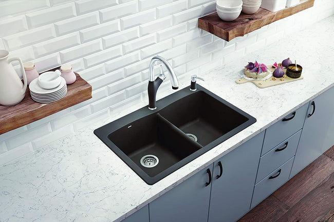 Diamond Equal Double Bowl Drop-In or Undermount Kitchen Sink, 33" X 22" - Cinder