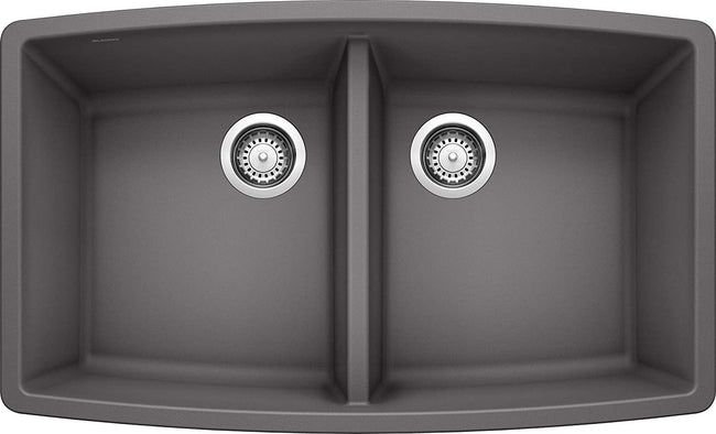 Performa Equal Double Bowl Undermount Kitchen Sink, 33" X 20" - Cinder