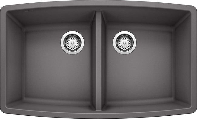 Performa Equal Double Bowl Undermount Kitchen Sink, 33" X 20" - Cinder