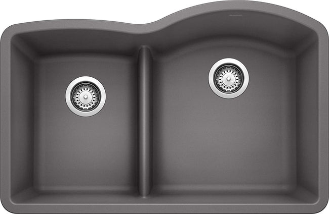 Diamond 1-3/4 Reverse Double Bowl Undermount Kitchen Sink with Low Divide, 32" X 21" - Cinder