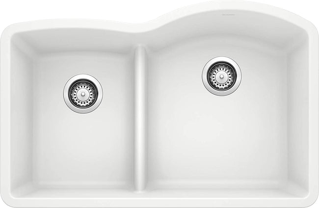Diamond 1-3/4 Reverse Double Bowl Undermount Kitchen Sink with Low Divide, 32" X 21" - White