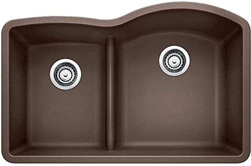 Diamond 1-3/4 Reverse Double Bowl Undermount Kitchen Sink with Low Divide, 32" X 21" - Cafe Brown