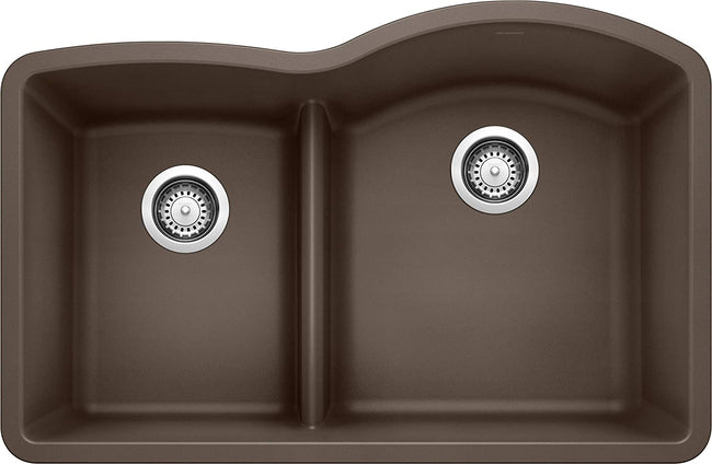 Diamond 1-3/4 Reverse Double Bowl Undermount Kitchen Sink with Low Divide, 32" X 21" - Cafe Brown