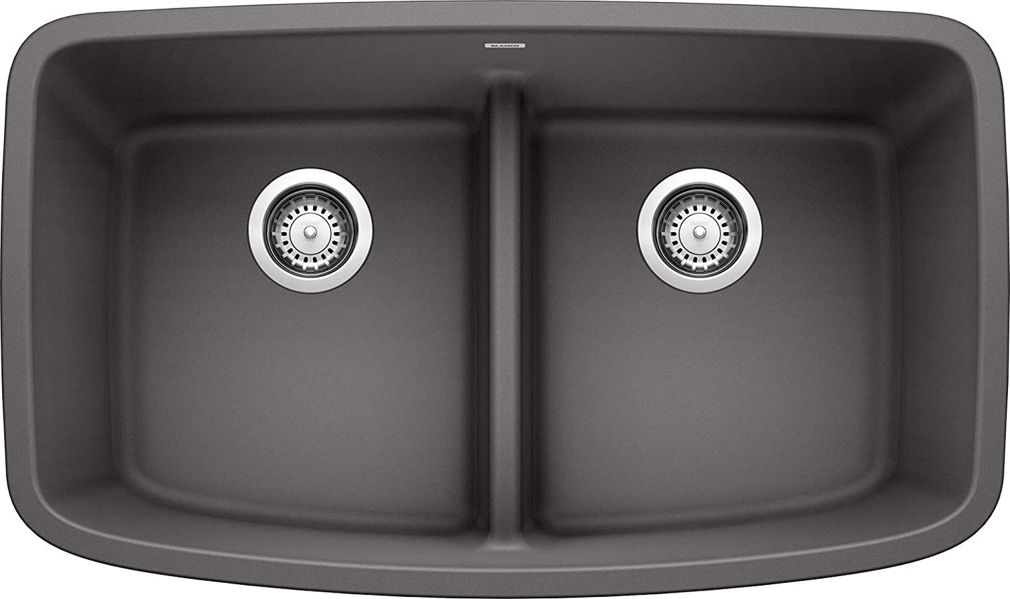 Valea Equal Double Bowl Undermount Kitchen Sink with Low Divide, 32" X 19" - Cinder