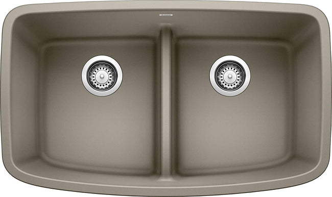 Valea Equal Double Bowl Undermount Kitchen Sink with Low Divide, 32" X 19"- Truffle
