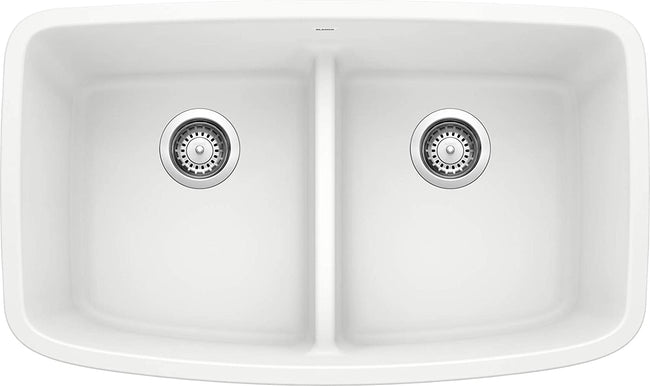 Valea Equal Double Bowl Undermount Kitchen Sink with Low Divide, 32" X 19" - White