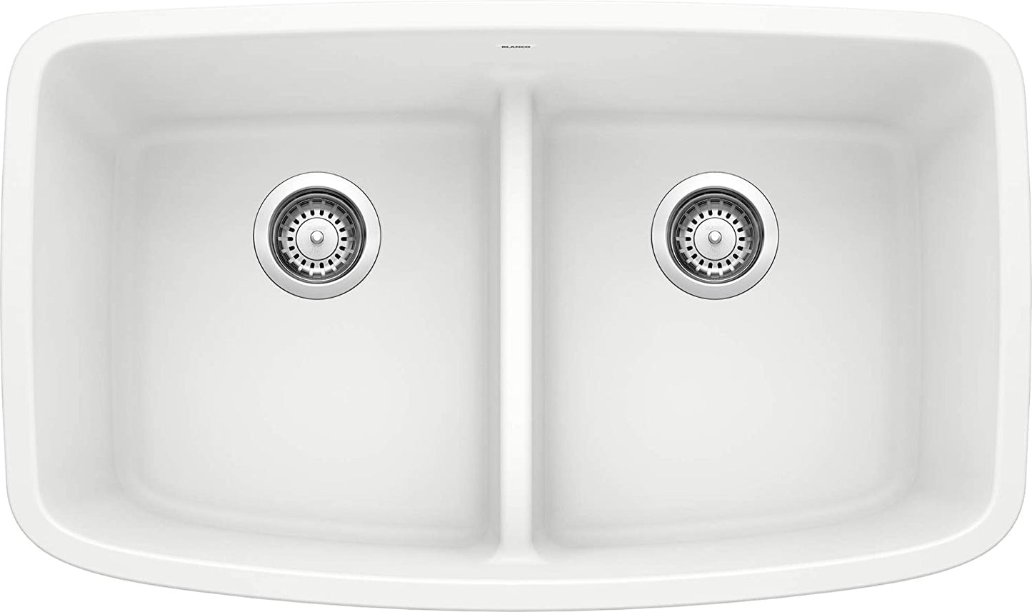Valea Equal Double Bowl Undermount Kitchen Sink with Low Divide, 32" X 19" - White
