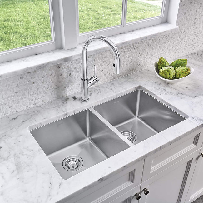 Quatrus R15 Under Mount Equal Double Bowl Kitchen Sink, Large, Stainless Steel