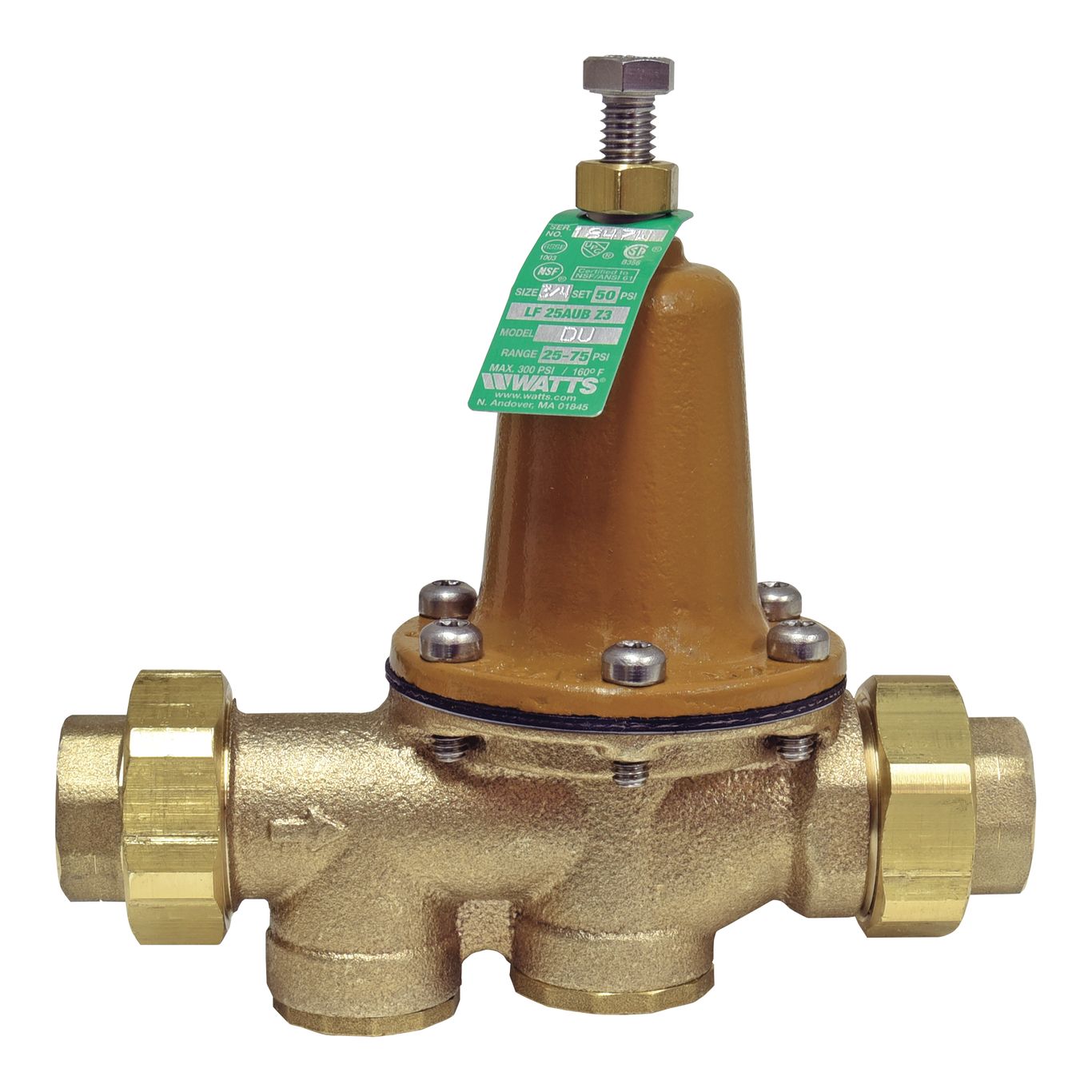 0009258 - 3/4 In Lead Free Water Pressure Reducing Valve, Double Union, Npt Female, Polymer Seat, Adjustable 25-75 psi