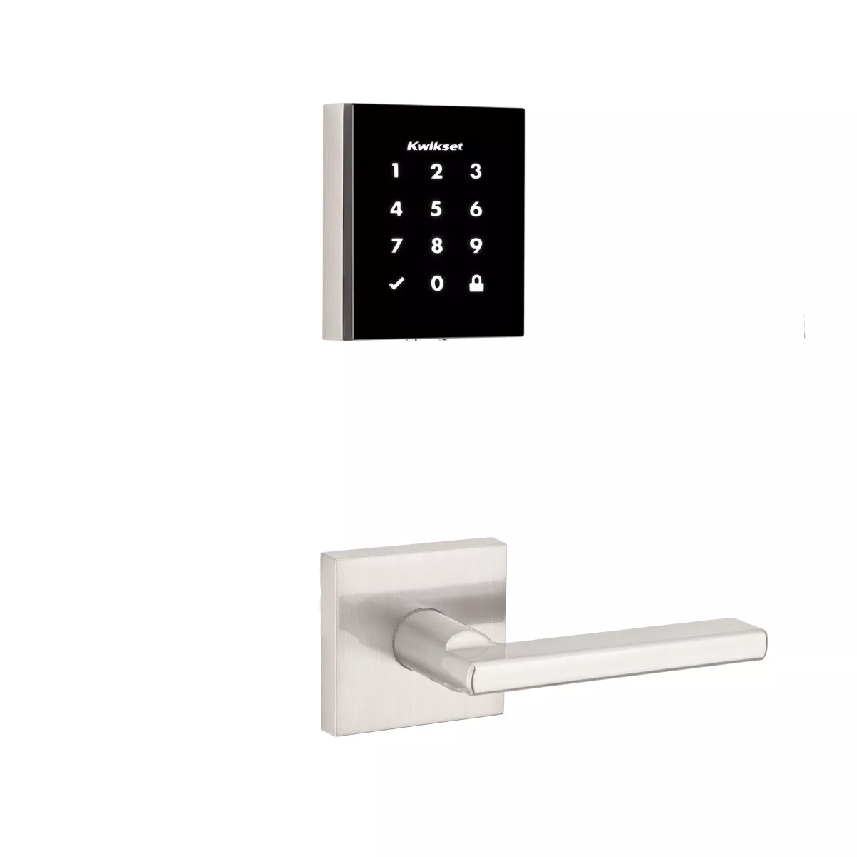 953OBN-HFLSQT-15 Obsidian Touchpad Electronic Keyless Smartcode Deadbolt with Halifax Lever and Square Rose Passage Lock with RCAL Latch and RCS Strike Satin Nickel Finish