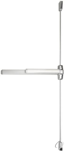 3' Fire Rated Surface Vertical Rod Grooved Case Exit Device; Satin Chrome Fin