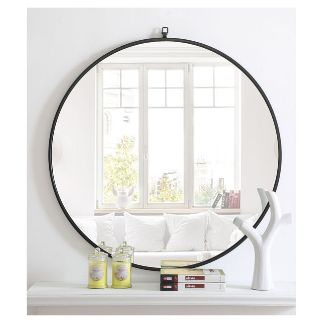 MR4061BK Rowan 36" x 36" Metal Framed Round Mirror with Decorative Hook in Black