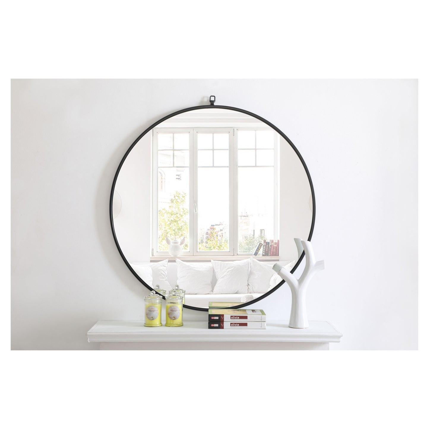MR4061BK Rowan 36" x 36" Metal Framed Round Mirror with Decorative Hook in Black