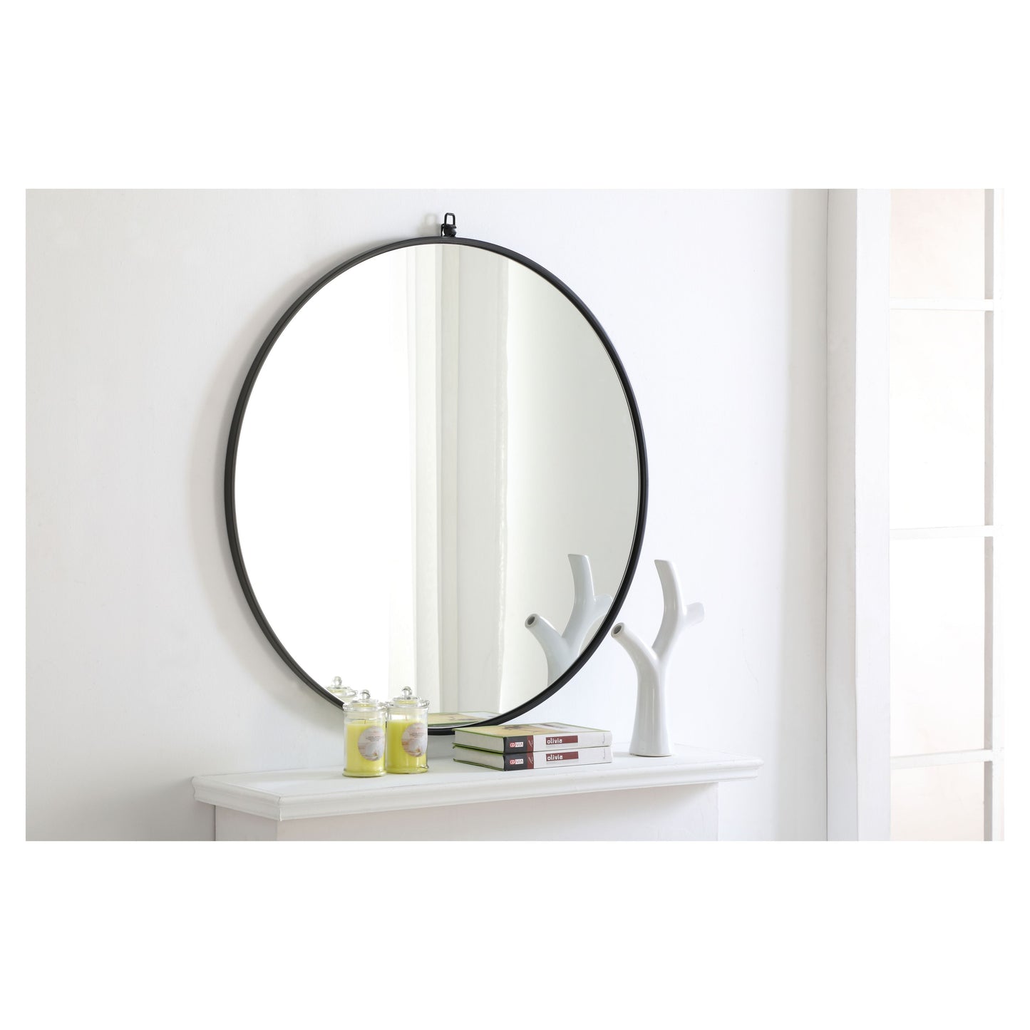 MR4061BK Rowan 36" x 36" Metal Framed Round Mirror with Decorative Hook in Black