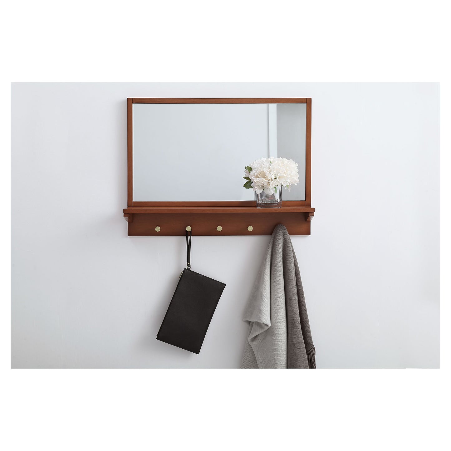 MR502821PE Elle 28" x 21" Entryway Mirror with Brass Hooks in Pecan