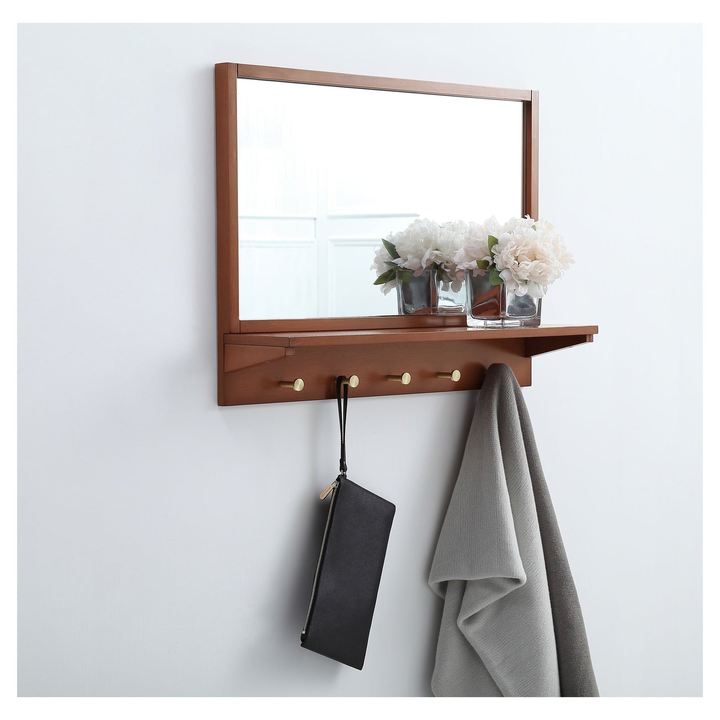 MR502821PE Elle 28" x 21" Entryway Mirror with Brass Hooks in Pecan