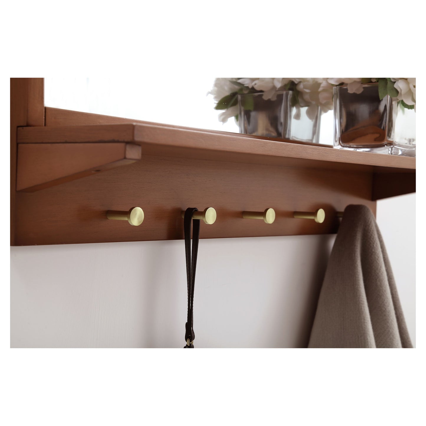 MR502821PE Elle 28" x 21" Entryway Mirror with Brass Hooks in Pecan