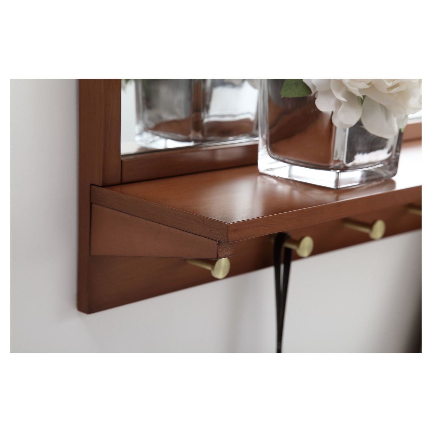MR502821PE Elle 28" x 21" Entryway Mirror with Brass Hooks in Pecan