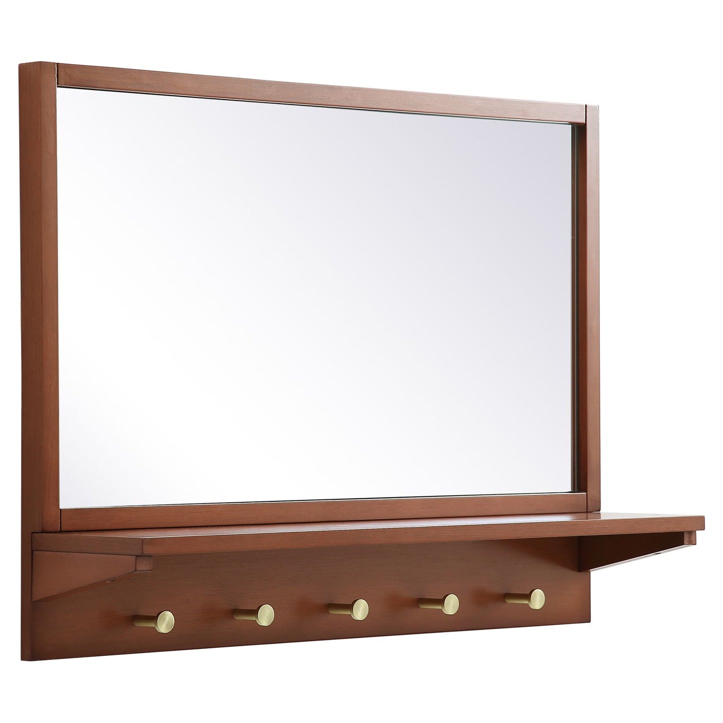 MR502821PE Elle 28" x 21" Entryway Mirror with Brass Hooks in Pecan