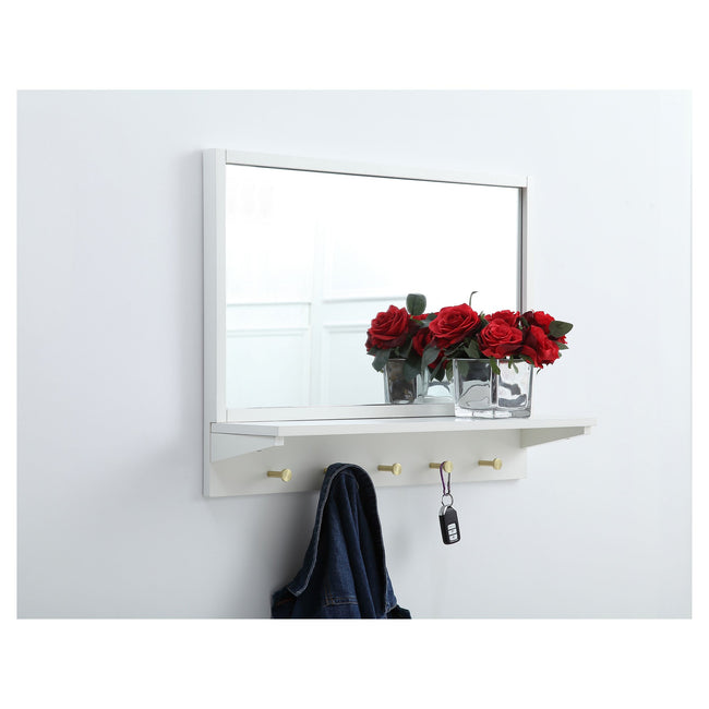 MR502821WH Elle 28" x 21" Entryway Mirror with Brass Hooks in White